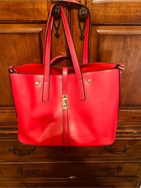Red Leather Tote Bag with Gold Hardware - Women